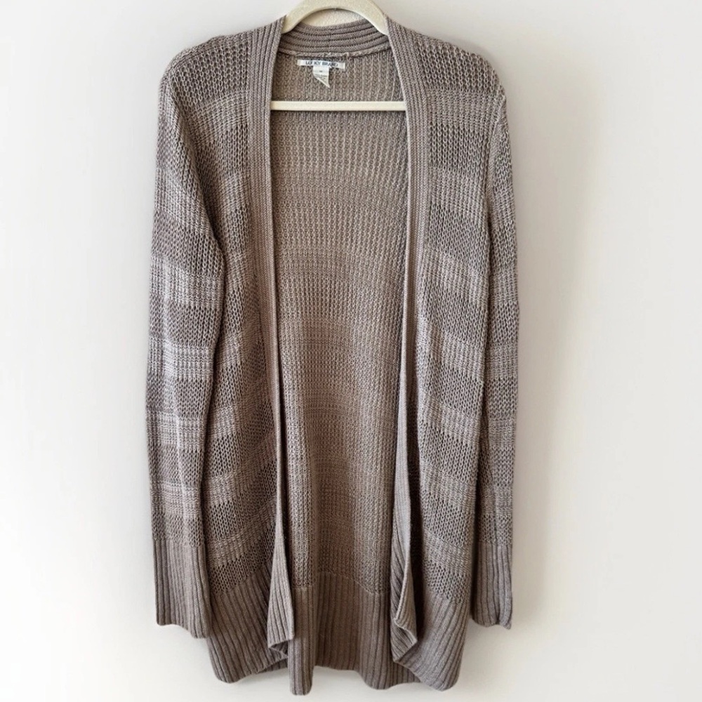 Lucky 🍀 Linen Cozy Tan Open-Front Sweater Sz Medium Sea Grass boho Cardigan